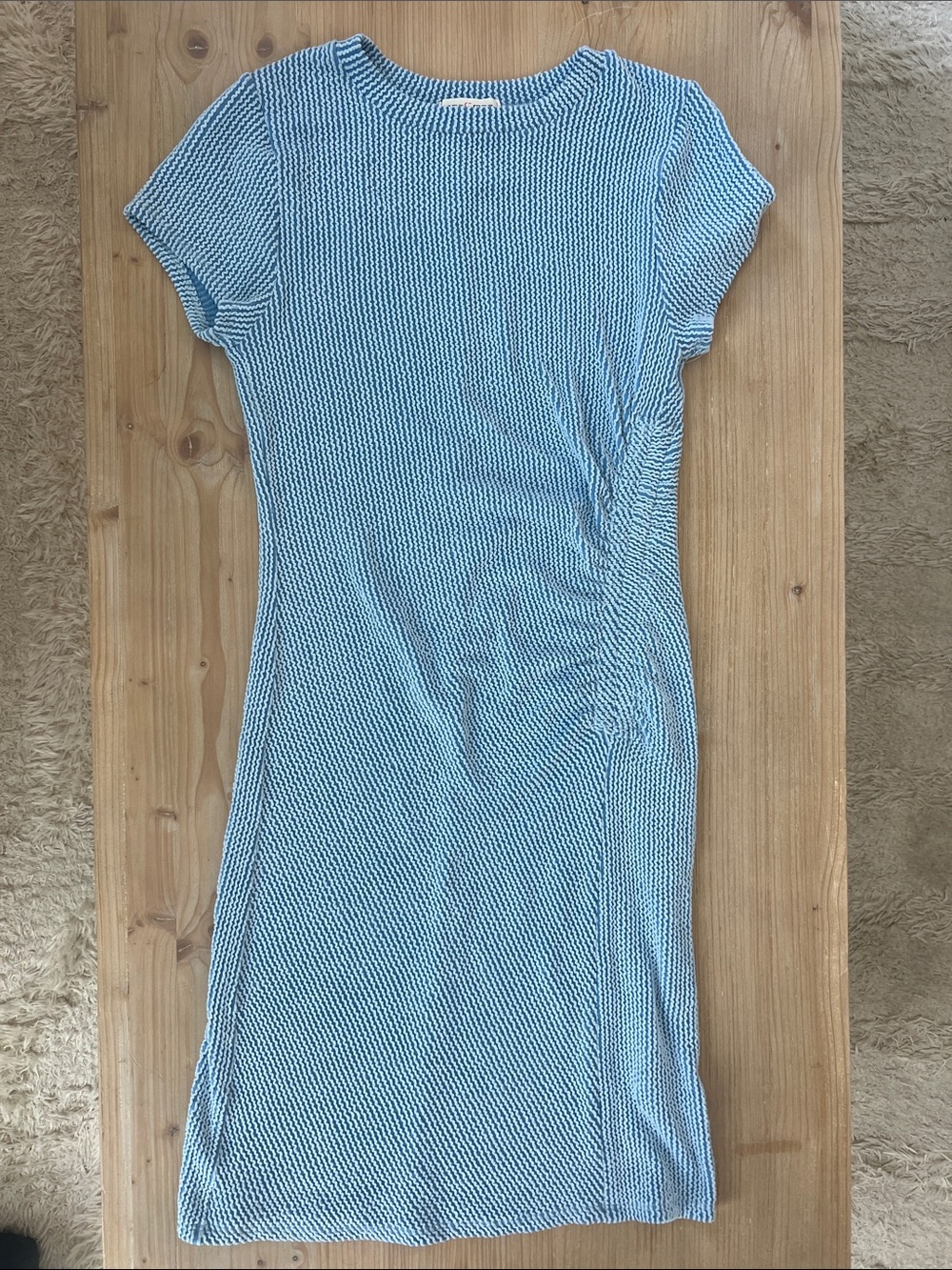 Blue and White Textured Ripple waved Knit Midi Dress with Roughing cinched
